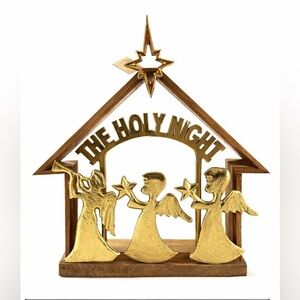 The Holy Night Angel Christmas Decor Wood & Gold Tone Metal 13” Nativity Style